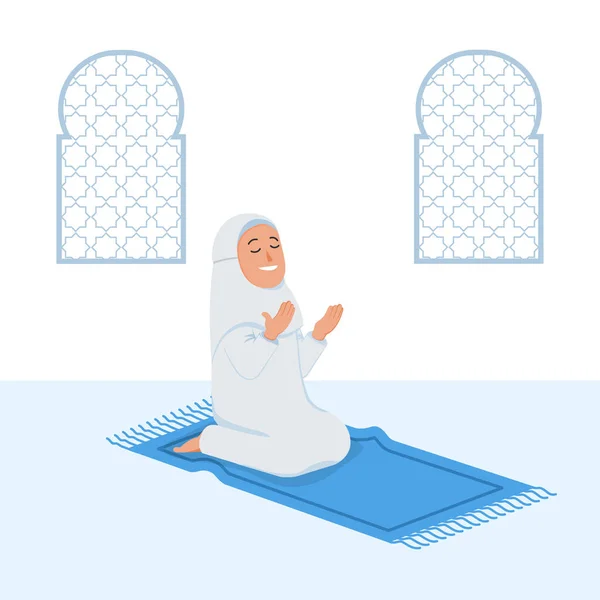 Μουσουλμάνα Γυναίκα Κάθεται Και Προσεύχεται Κοντά Διακοσμητικό Παράθυρο — Διανυσματικό Αρχείο