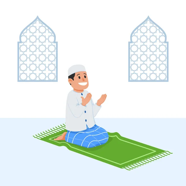 Garçon Musulman Assis Prier Près Fenêtre Décorative — Image vectorielle