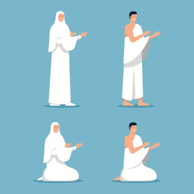Seyyah ayakta ve otururken dua ediyor. İslami hacı teması için uygun. 