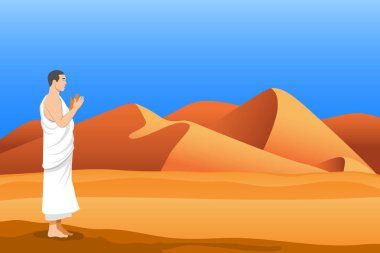 Pilgrim çöl illüstrasyonunda dua ediyor. İslami hacı teması için uygun. 