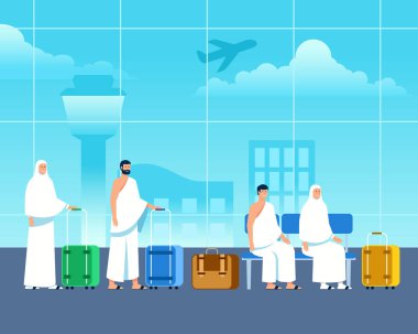 İslami hacılar Mekke 'ye hac yolculuğu için havaalanında bekliyorlar..