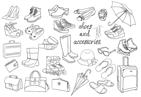 En uppsättning av olika typer av skor och accessoarer. — Stock vektor
