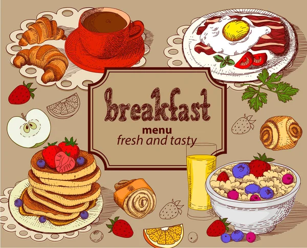 Colored sketch breakfast menu. — Stock Vector