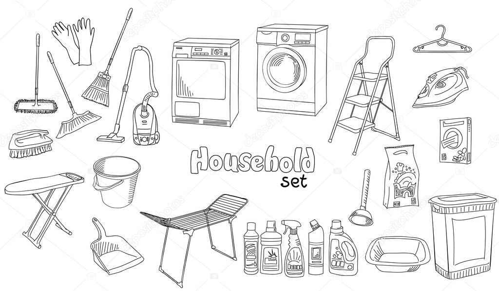 The vector illustration in doodle style, hand drawn sketch in black and white colors with inscription. A set of different appliances, things and devices for household. Coloring book page.