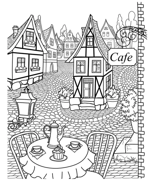 Cozy street with cobblestone pavement, lovely houses and cafe. — Stock Vector