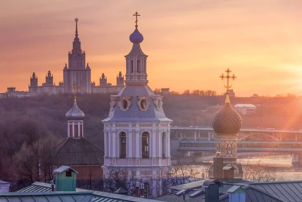 Vorobyevy Bloederige Moskou Panoramisch Uitzicht Met Silhouet Van Klooster Universiteit — Stockfoto