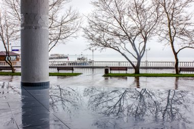 Rusya, Gelendzhik - 26 / 03 / 2017: Bulutlu hava, yapraksız ağaçlar ve bir sütun.