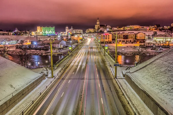 Belarus Grodno Ocak 2019 Night Grodno Arabalarla Yol Gece Arabalarla — Stok fotoğraf