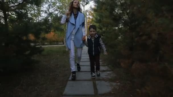 母亲带着儿子去之间松树在秋天的傍晚 — 图库视频影像