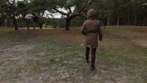 Mujer caminando en un bosque en el día de otoño - vista trasera — Vídeos de Stock