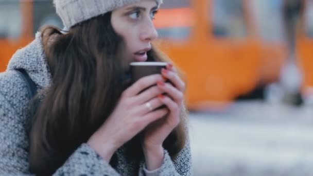 Молодая женщина пьет горячий чай зимой — стоковое видео
