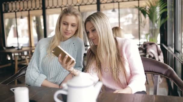 Zwei Freundinnen sprechen in einem Café und schauen ins Smartphone — Stockvideo
