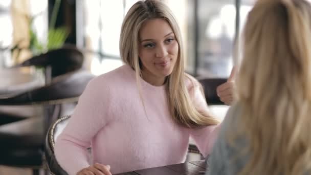 Two women friends speaking in a cafe — Stock Video