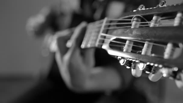 Крупный план гитариста, играющего на акустической гитаре, сидящего на сером фоне стены - монохромный — стоковое видео