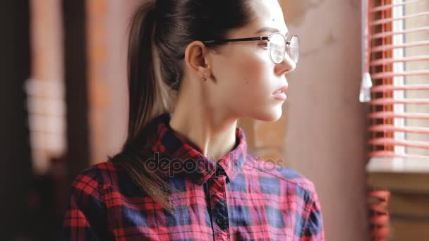 Attractive woman in eyeglasses reading book standing at window — Stock Video
