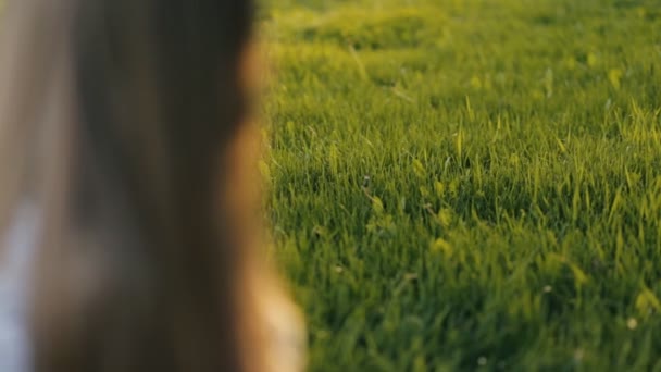 Lächelndes Teenager-Mädchen sitzt auf Gras und blickt in die Kamera — Stockvideo