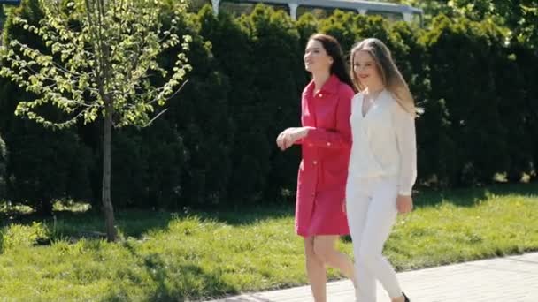 Dwóch przyjaciół stylowe kobiet spaceru w parku — Wideo stockowe