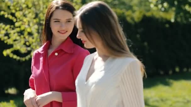 Två eleganta kvinnor vänner promenera i en park — Stockvideo