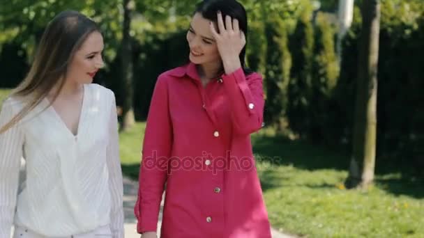 Due amiche alla moda che camminano in un parco — Video Stock