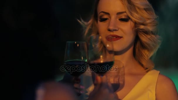 Duas mulheres amigas bebendo vinho na fonte da noite — Vídeo de Stock