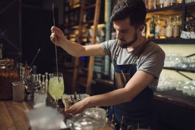 Genç erkek barmen bir alkol kokteyl hazırlama