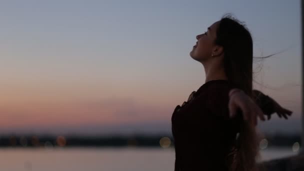 Silhouette de femme jouissant de la liberté sur un pont en soirée — Video