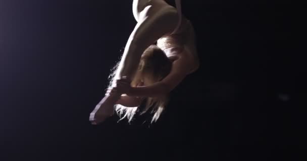 Kvinnliga antenn gymnasten utför på siden i Cirkus scen. Spännande akrobatisk show. — Stockvideo