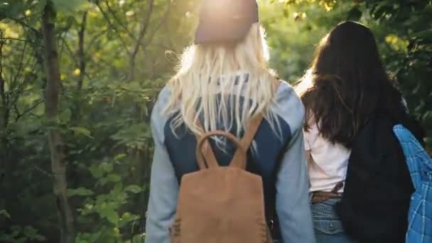 İki genç kadın seyahat vardır. En iyi arkadaş, birlikte hiking onlar geçer çalılıkları. Kız doğada yaz tatile yürümek. — Stok video