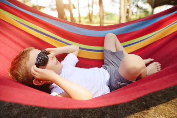 Bir çam ormanı hamakta yatan güneş gözlüğü ile neşeli küçük çocuk
