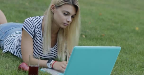 Красивая женщина-блоггер работает с ноутбуком на открытом воздухе, сидя на траве в парке, она пьет сок — стоковое видео