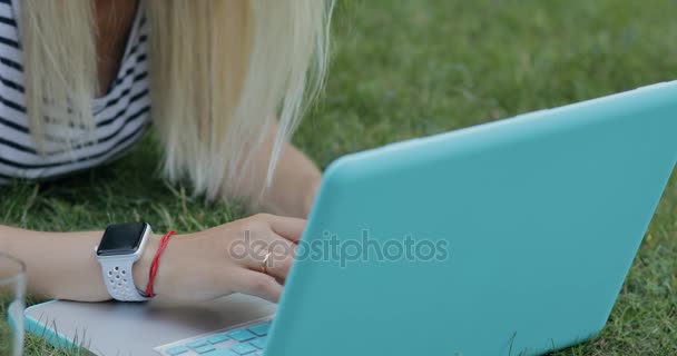 Blogger bastante mujer trabajando con su portátil al aire libre sentado en la hierba en el parque, ella beber jugo — Vídeo de stock