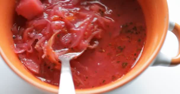 Comida tradicional ucraniana. POV del hombre mezclando borscht con sonido . — Vídeo de stock