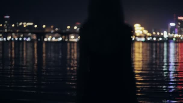 Mujer mirando a la noche paisaje urbano de pie cerca del río — Vídeos de Stock