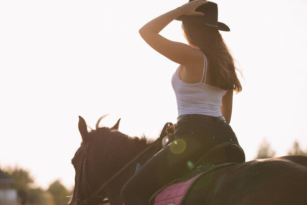 Beautiful young cowgirl riding her horse in field