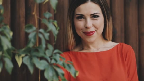 Jeune belle femme portrait près du mur en bois — Video