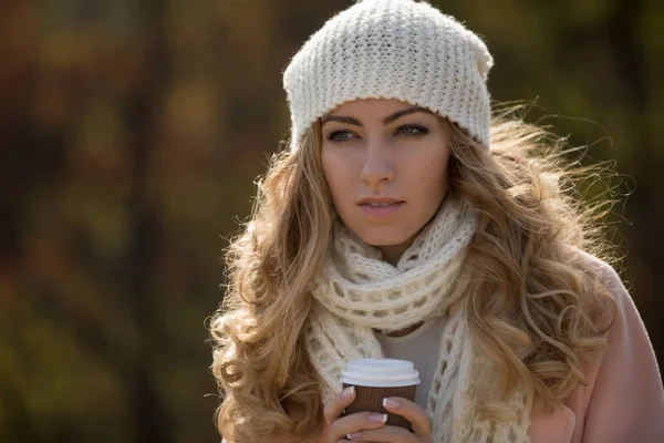 女人的围巾，帽子在公园，在秋季的一天，喝热茶模糊背景 — 图库照片