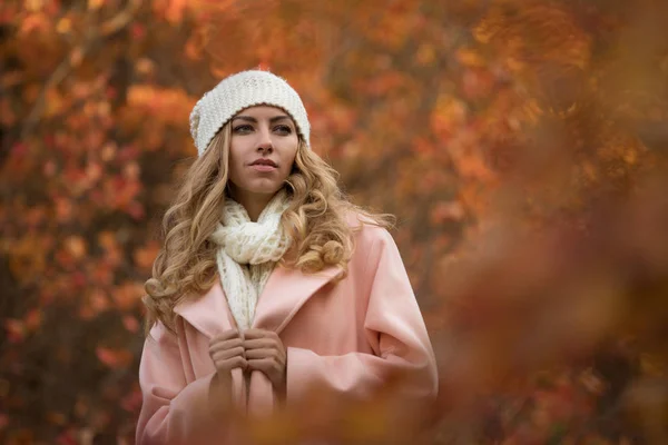 Mujer disfrutando del día de otoño, ella caminando en el parque, follaje colorido alrededor —  Fotos de Stock