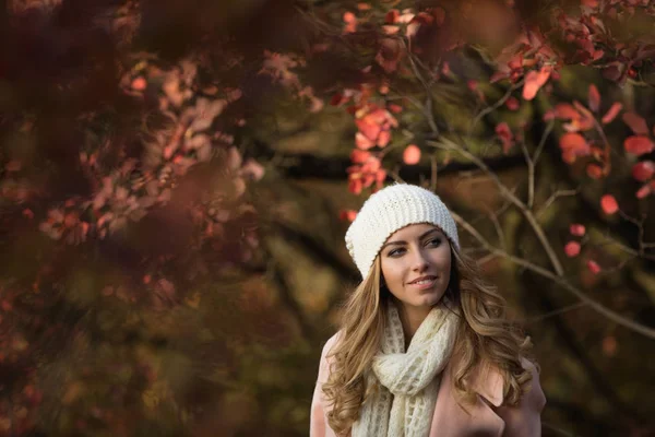 Όμορφη γυναίκα απολαμβάνοντας μέρα του φθινοπώρου, αυτή στέκεται στο πάρκο, ζωηρόχρωμο φύλλωμα γύρω από — Φωτογραφία Αρχείου
