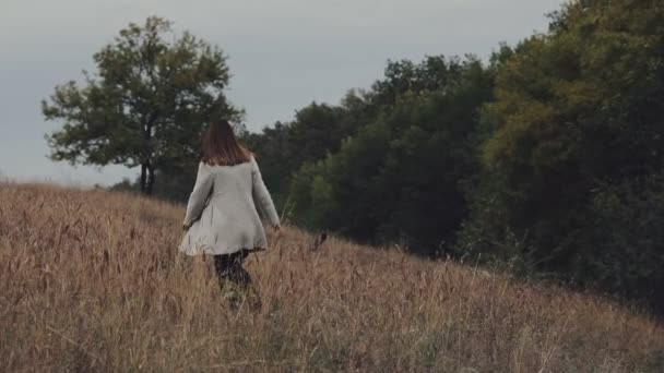 Žena si podzim v oblasti mezi stromy, běží na přírodní venkovní — Stock video