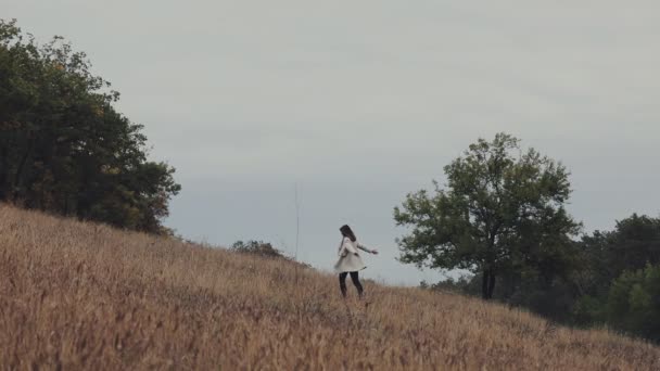 Vrouw genieten van herfst in veld tussen de bomen, ze draait op natuur buiten, minimalisme — Stockvideo