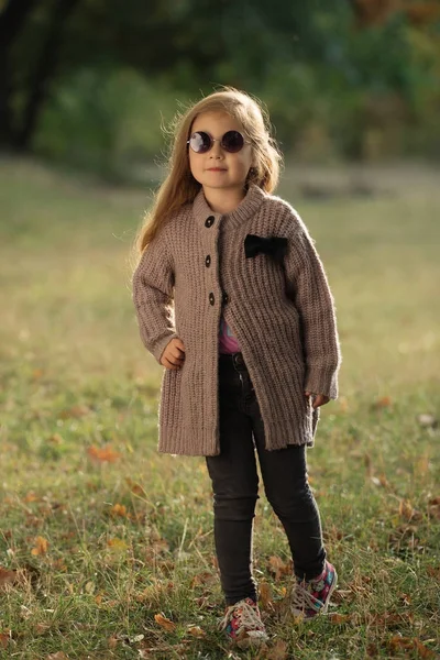 Muoti muotokuva pikkutyttö syksyllä vaatteita ja aurinkolasit seisoo ruohoa kaupungin puistossa — kuvapankkivalokuva