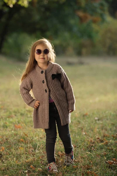 Muoti muotokuva pikkutyttö syksyllä vaatteita ja aurinkolasit seisoo ruohoa kaupungin puistossa — kuvapankkivalokuva