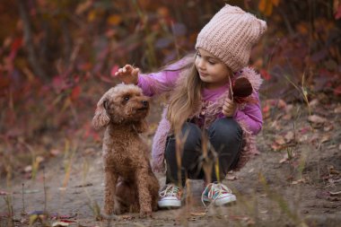 Küçük kız köpekle birlikte doğa üzerinde oturan sonbahar günü, sanat portre