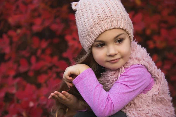 Liten jenteportrett i hatt mot bakgrunn av røde løvblader i høstklær. – stockfoto