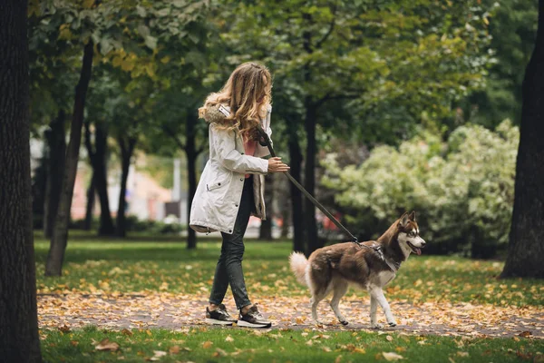 Mujer caminando con un perro en el parque —  Fotos de Stock
