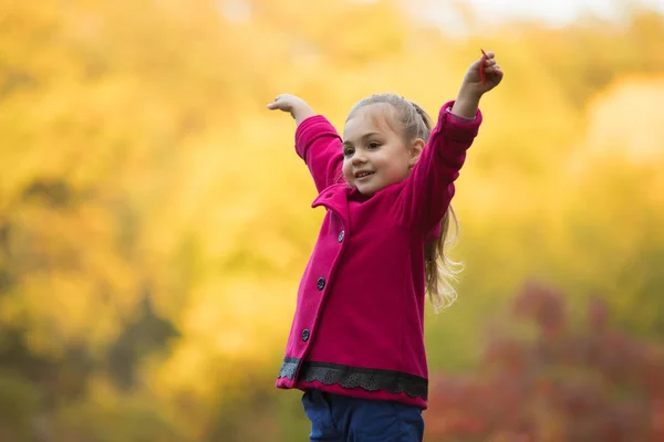 Happy little girl standing on nature at the autumn day, colorful foliage around — Stock Photo, Image