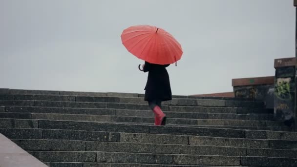 Frau läuft unter rotem Regenschirm — Stockvideo