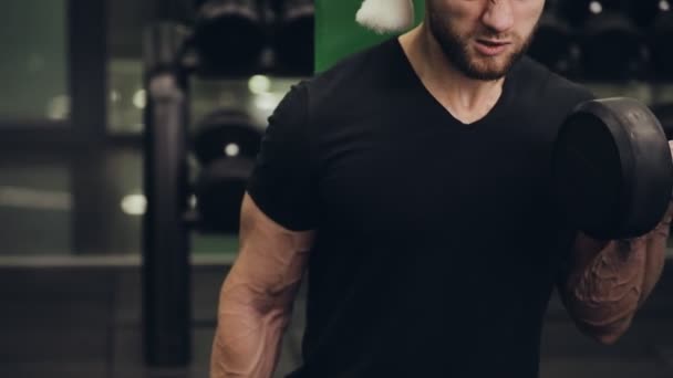 Gym, man in KERSTMUTS oppompen van de biceps — Stockvideo