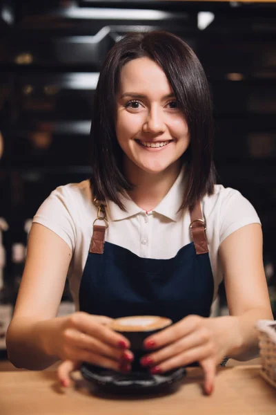 Barista present prepared coffee. Your latte is ready. — Stock Photo, Image