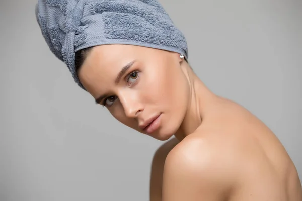 Beautiful spa woman isolated on white background. She after bath with towel on head. — Stock Photo, Image